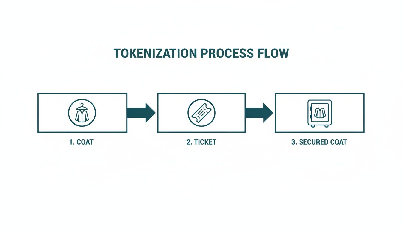 A diagram illustrating the tokenization process flow, showing a coat turning into a ticket, then a secured coat.