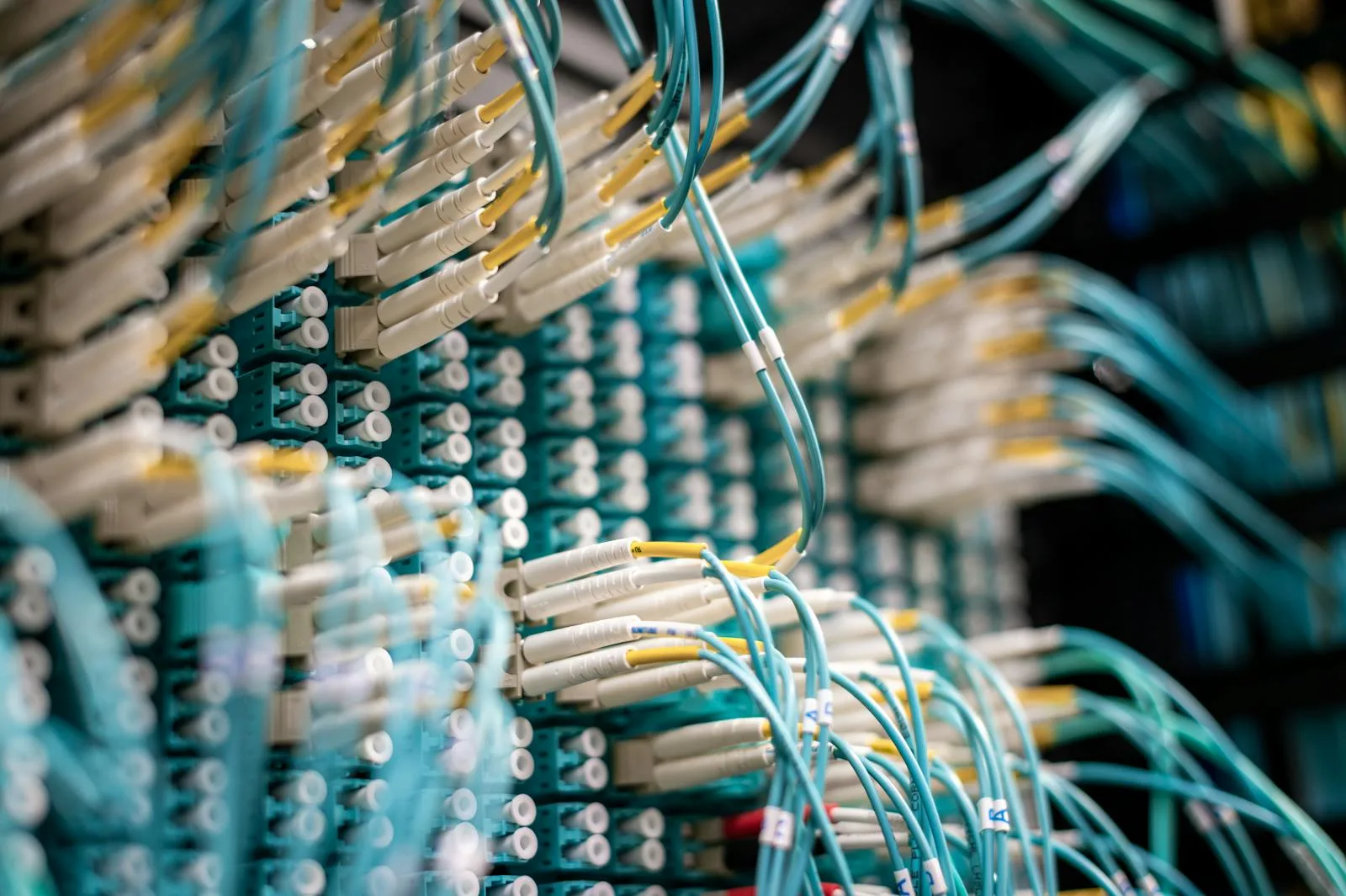 Server room with network switches and ethernet cables carrying VoIP traffic